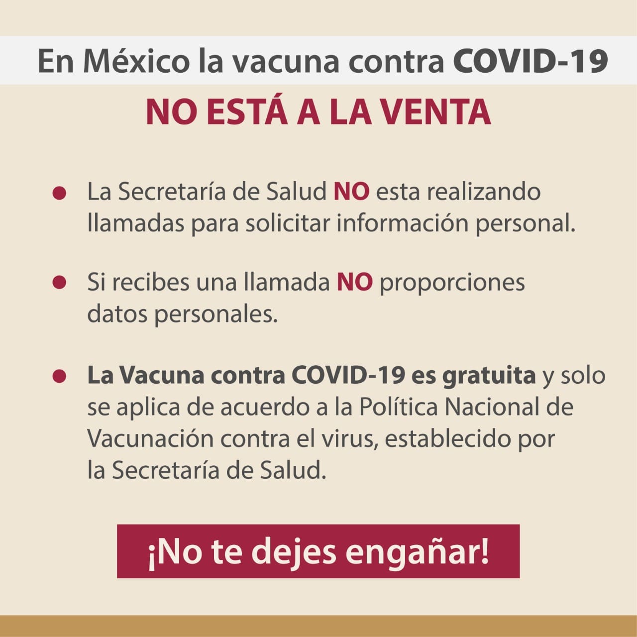 La vacuna contra el Covid-19 es gratis ¡Que no te extorsionen!