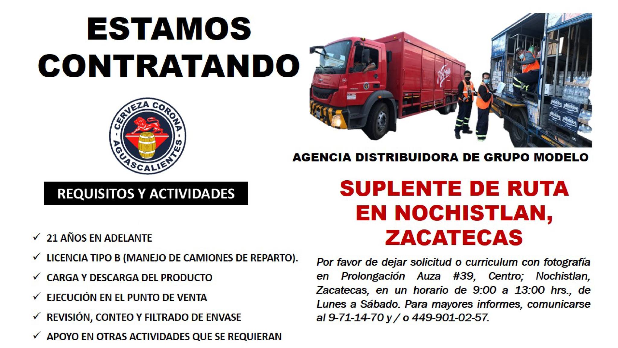 Trabajo de Suplente de Ruta de Grupo Modelo – Ayuntamiento de Nochistlán