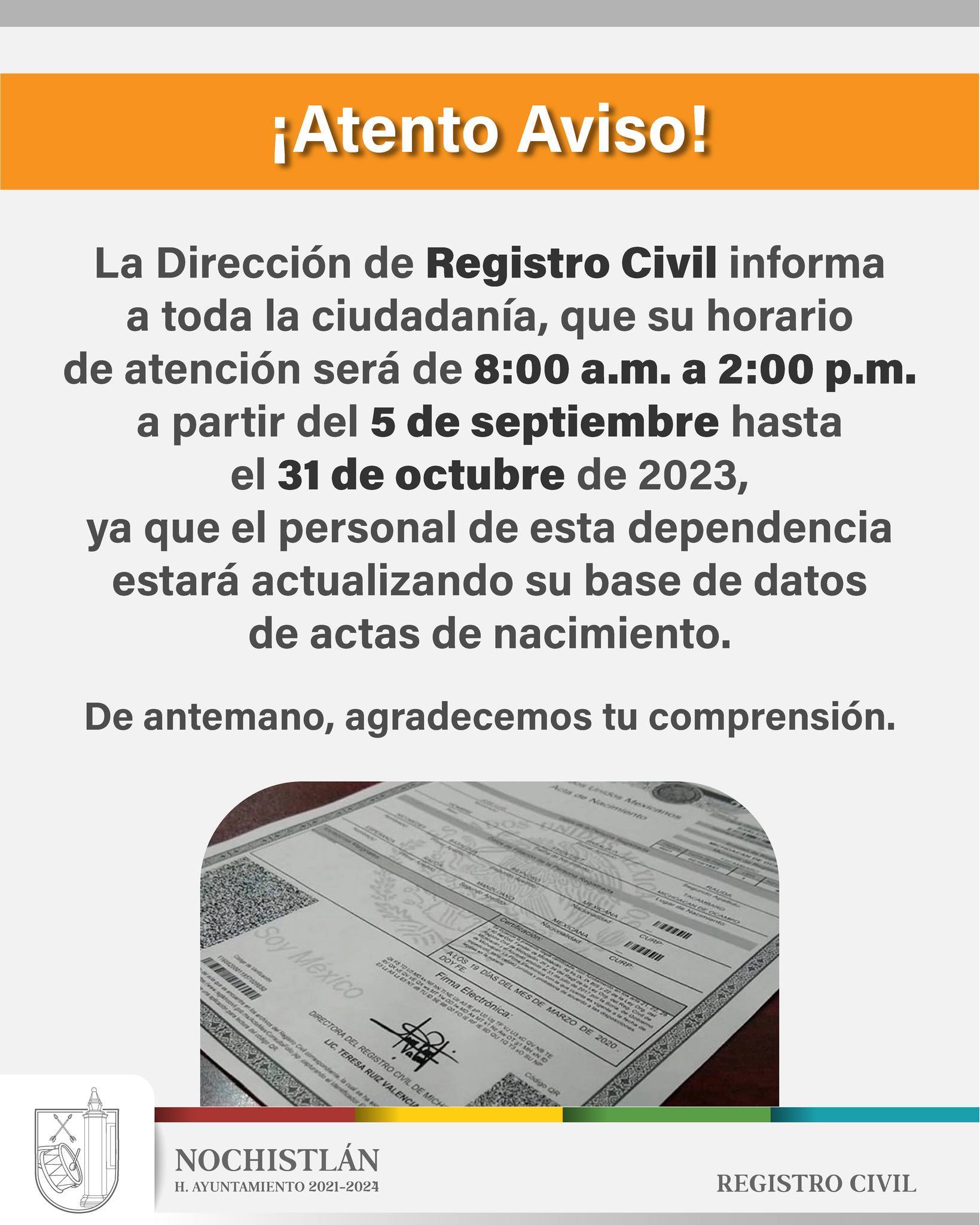 Registro Civil modifica horario de atención temporalmente