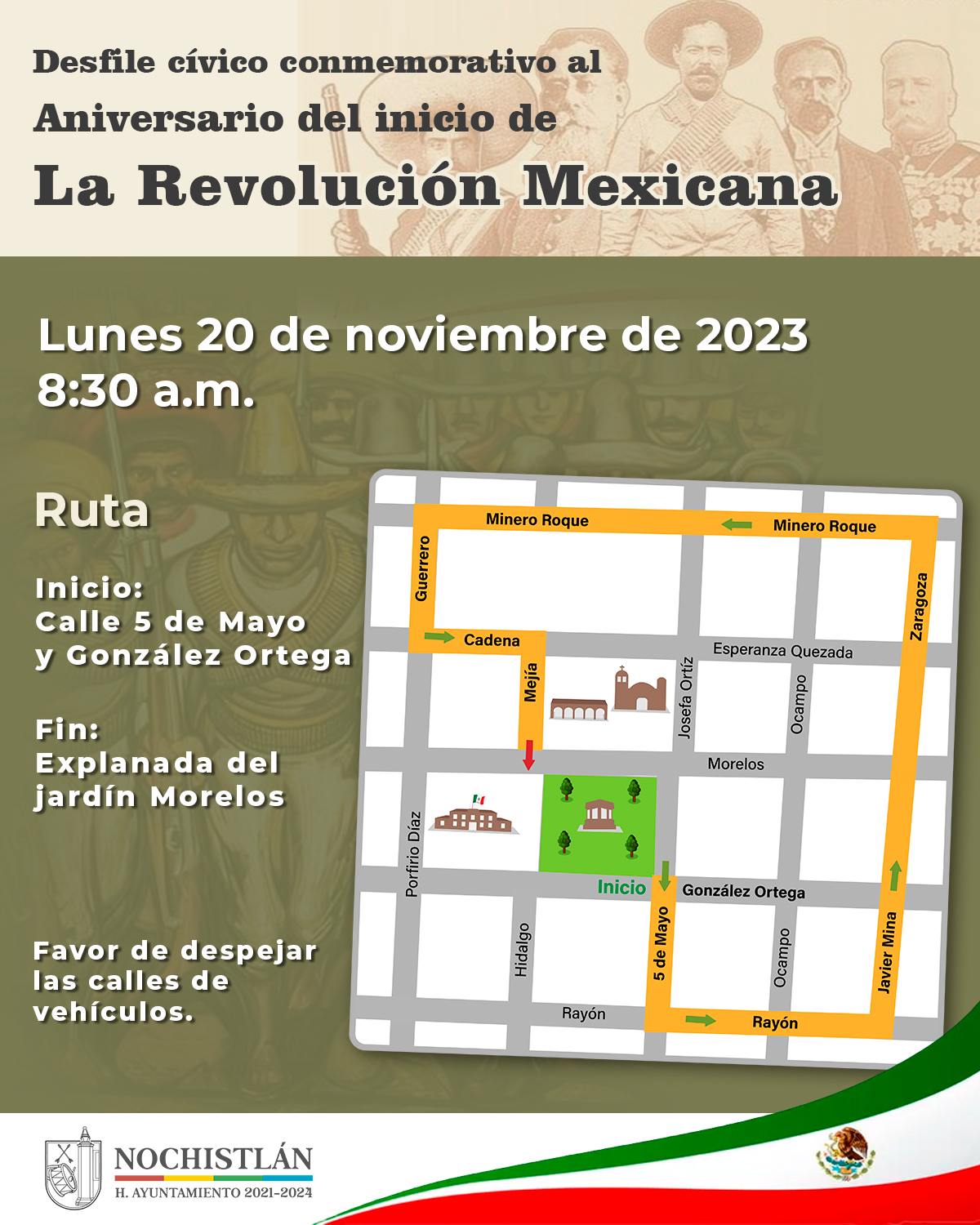 Ruta del desfile conmemorativo de la revolución mexicana.