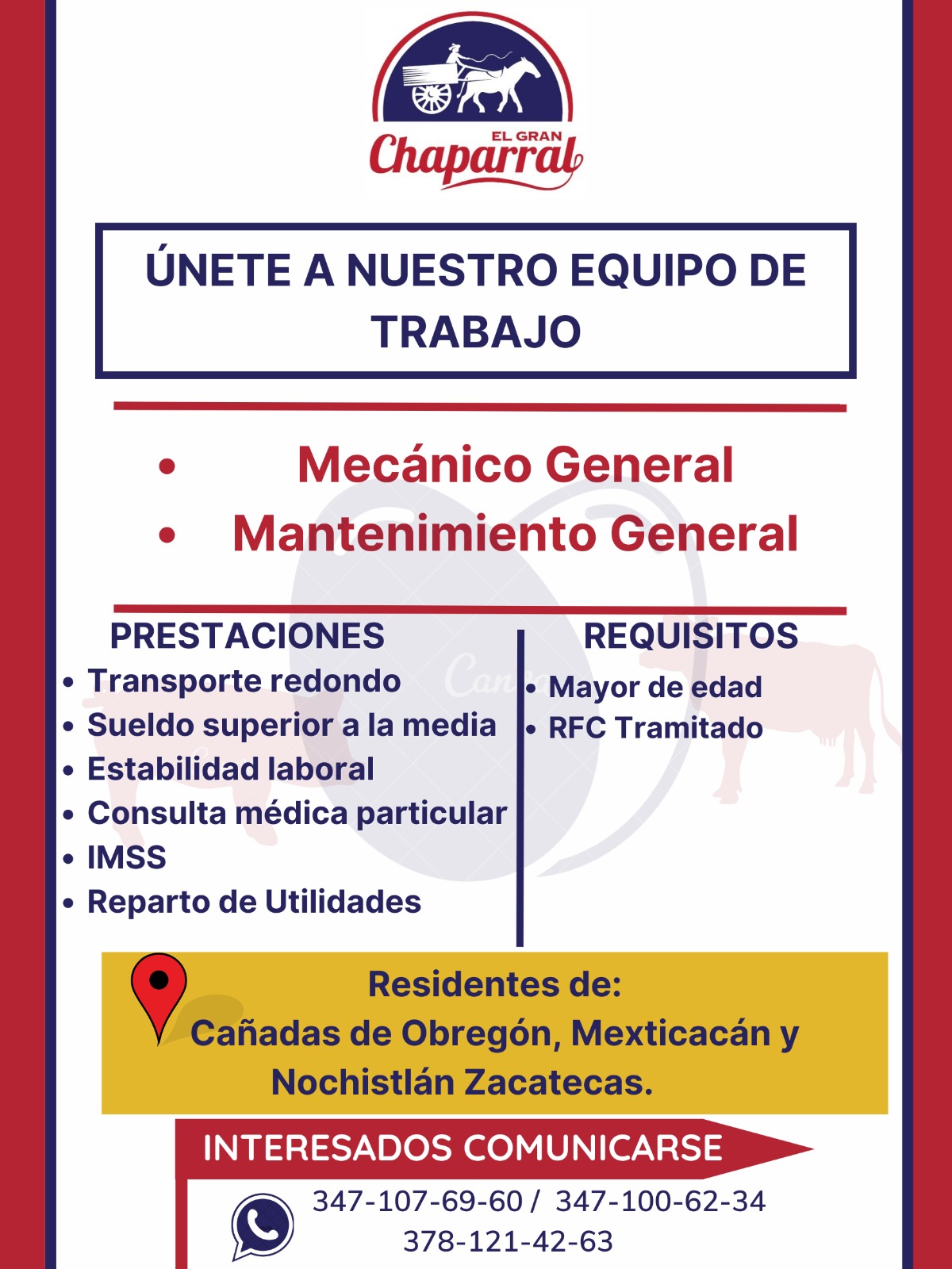 Vacante para mecánico y mantenimiento.