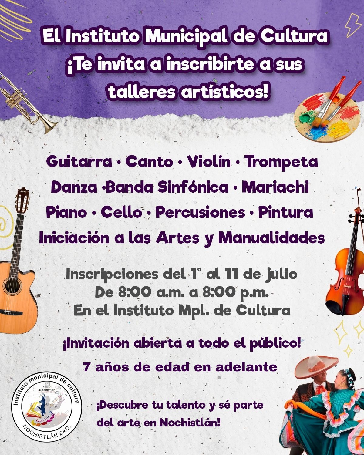 Inscríbete a los talleres artísticos de la Casa de la Cultura