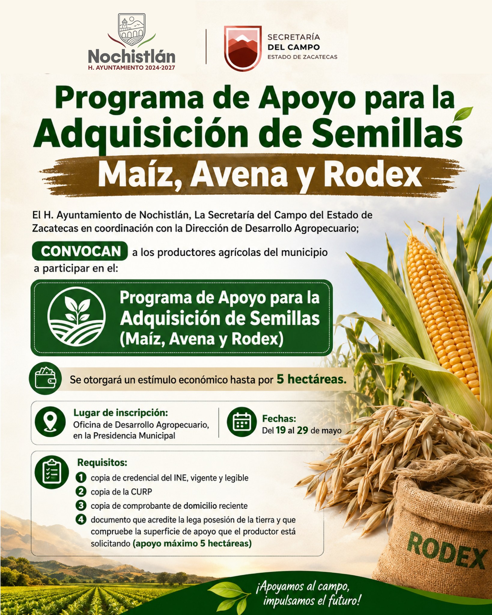Apoyo para la Adquisición de Semillas de Maiz, Avena y Rodex