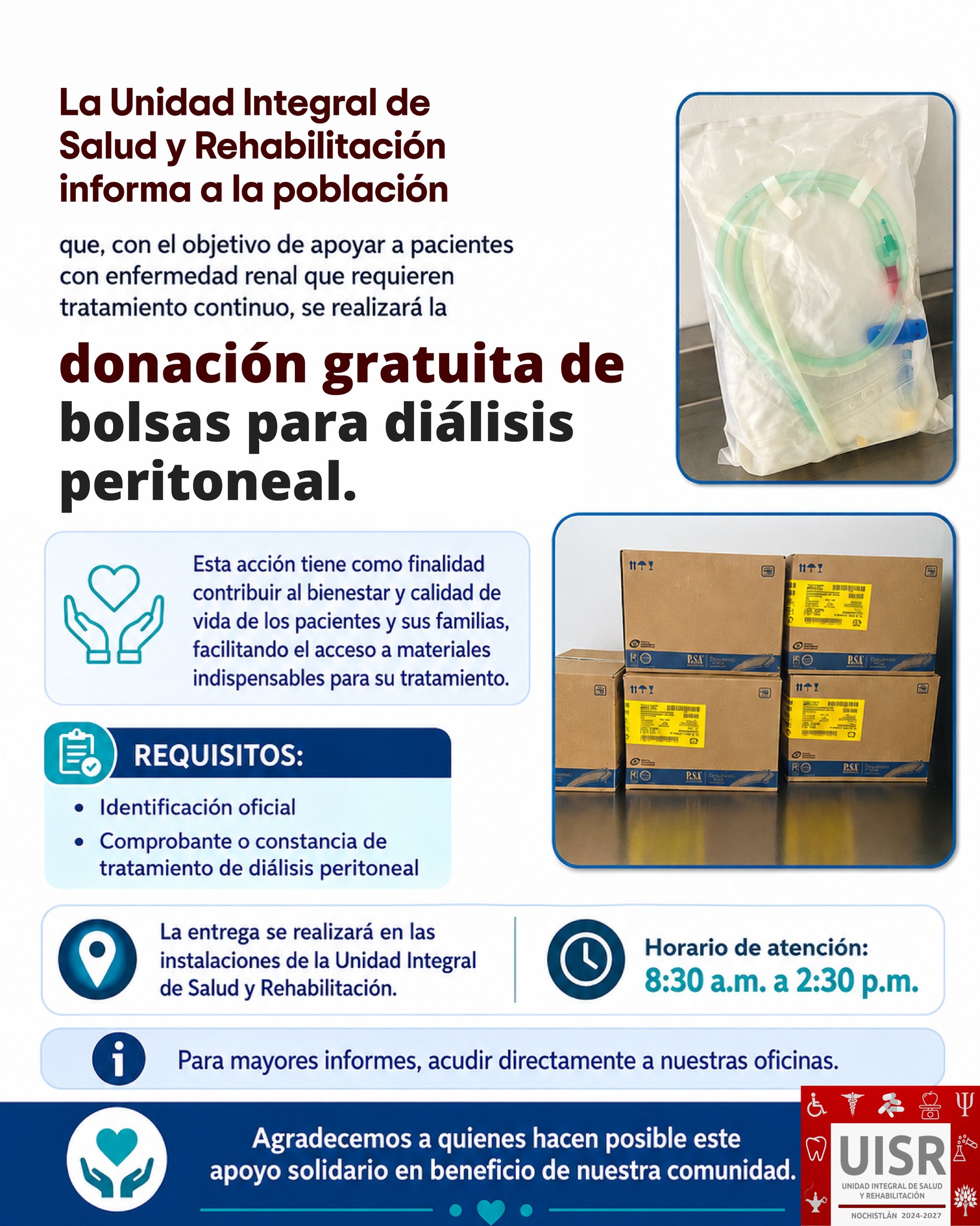 Entrega gratuita de bolsas para diálisis